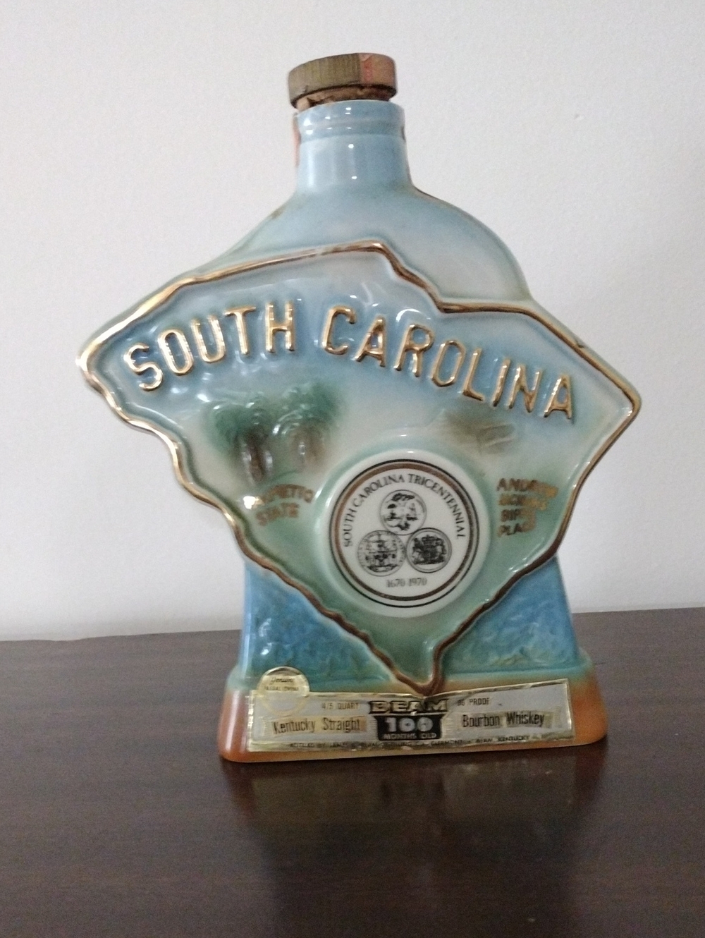 South Carolina Ceramic Decanter - Light Blue and Cream Decorative Bottle